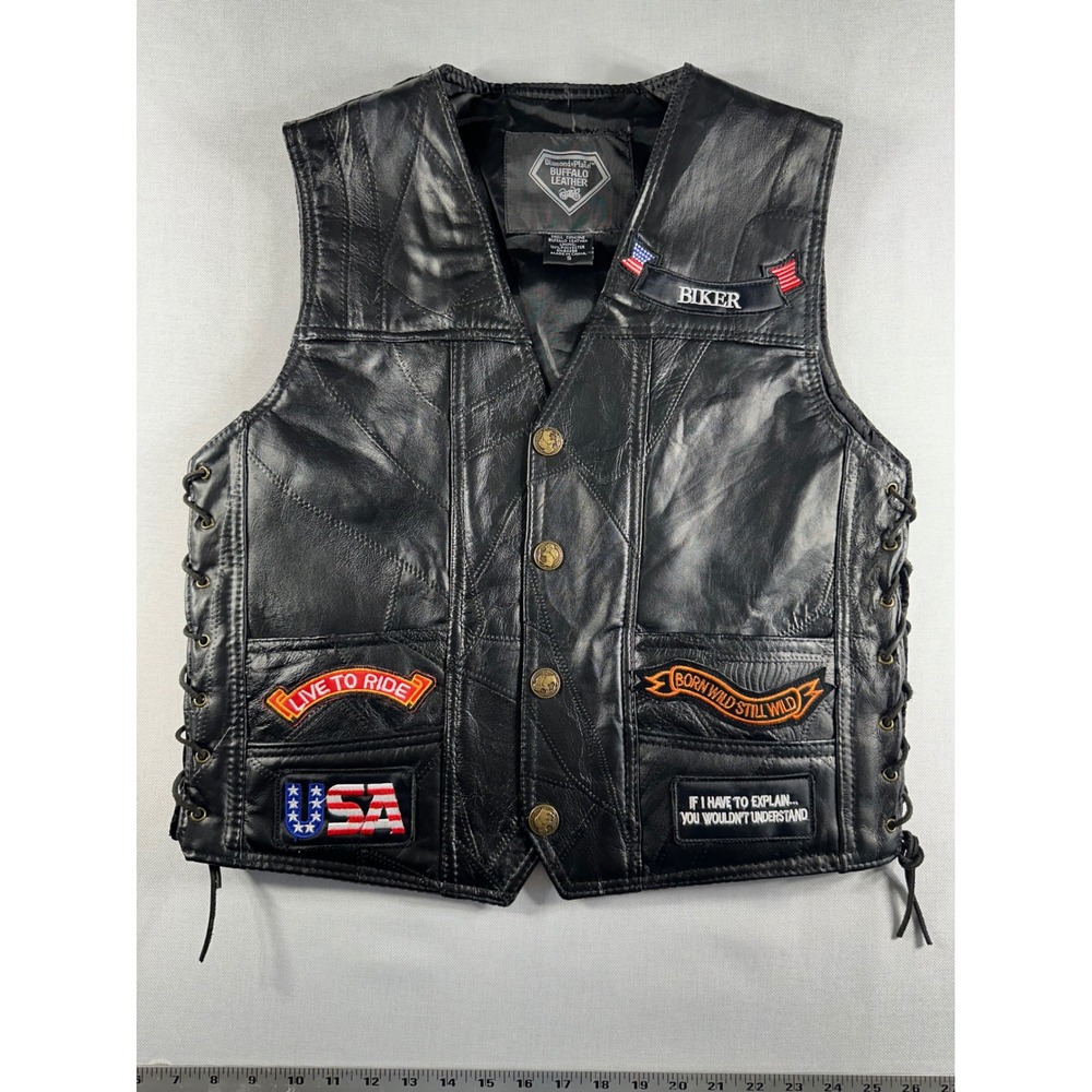 Diamond Plate Buffalo Leather Biker Vest Mens S Black Patches Lace Up Motorcycle
